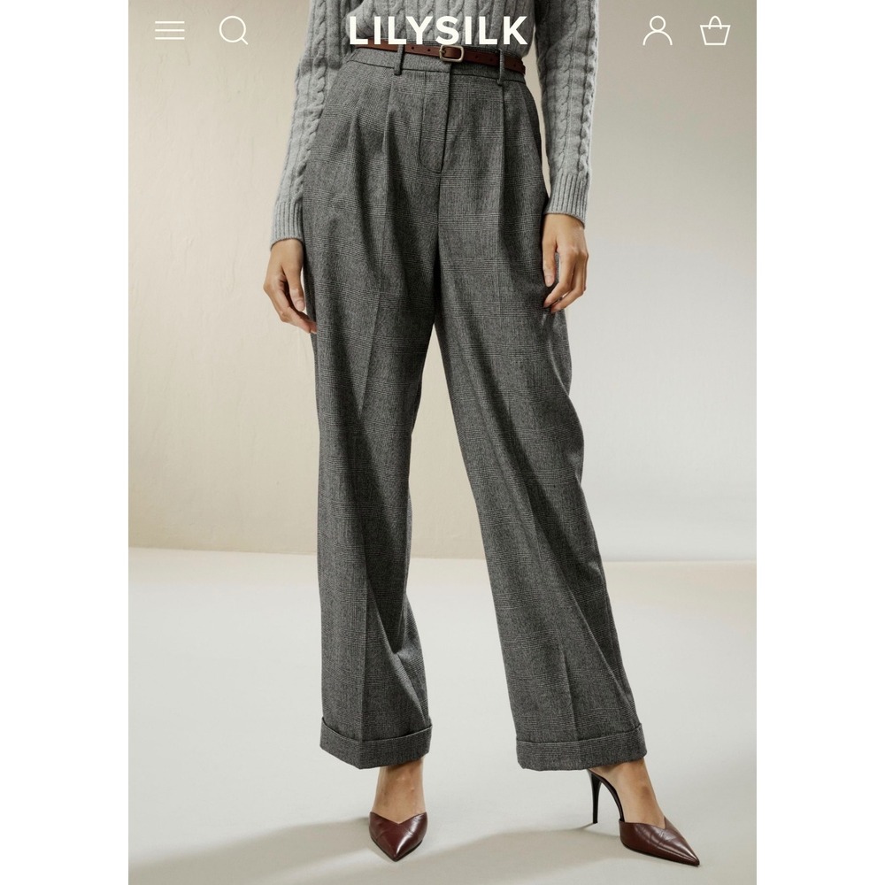 Lilysilk women's 12 wide leg wool flannel suit trousers glen plaid capsule